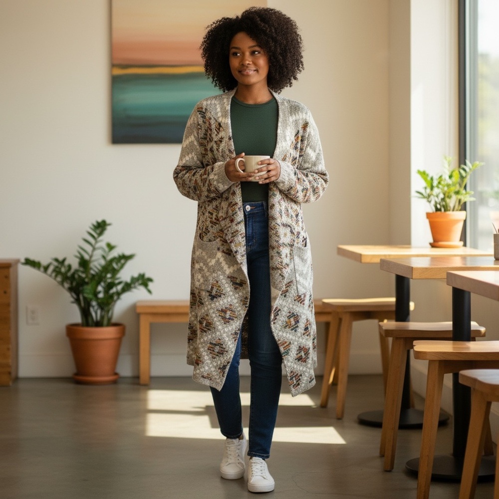 Design Lab: Geometric, Open-Front LONG Cardigan WITH POCKETS